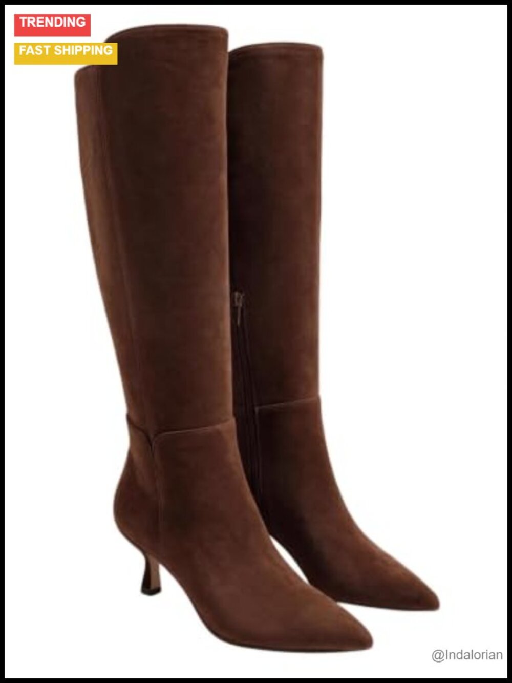 Knee High Boots Pointed Toe Kitten Heel Zip Faux Suede Dress Tall Boots